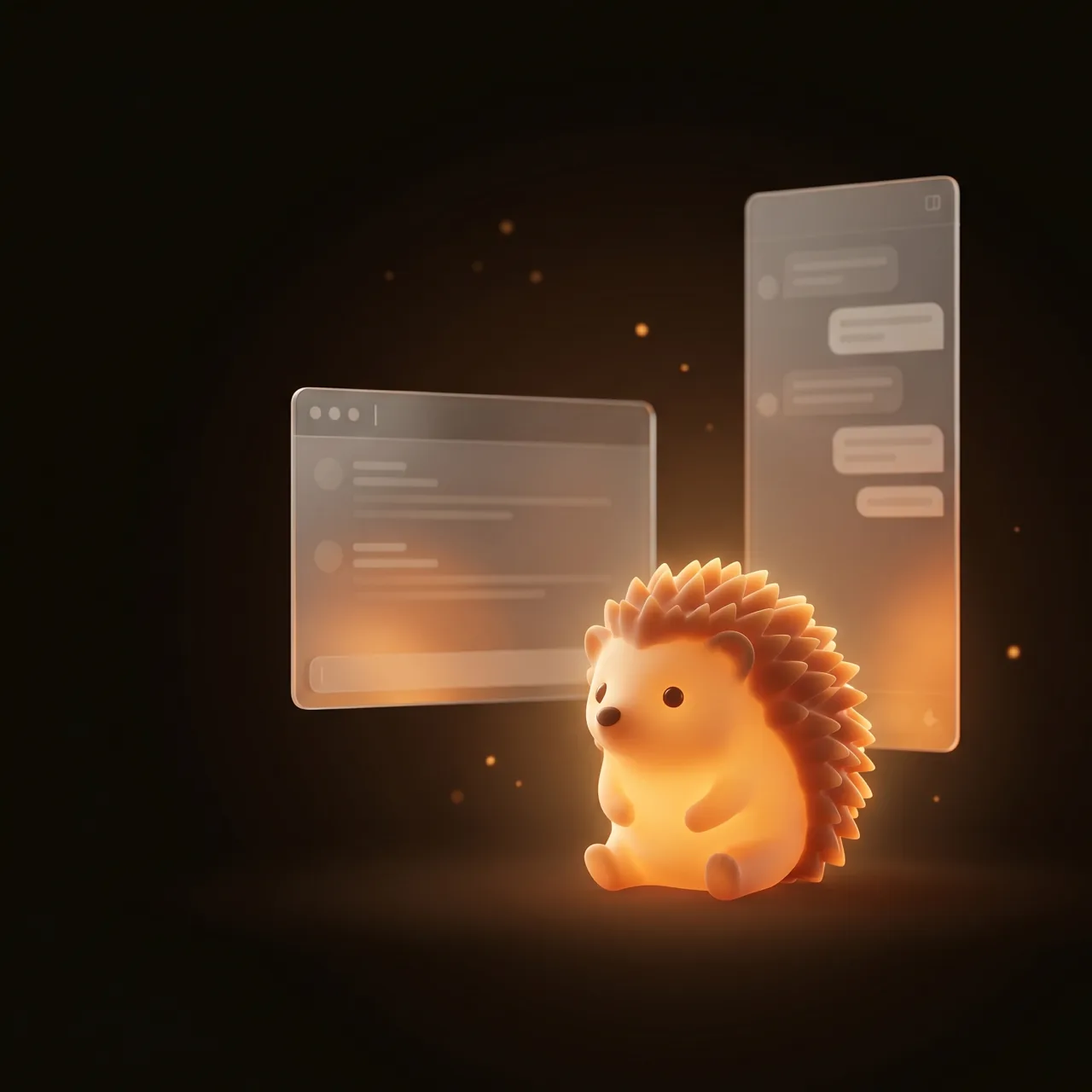 Hedgehog AI ecosystem — a glowing hedgehog between a desktop window and a browser sidebar